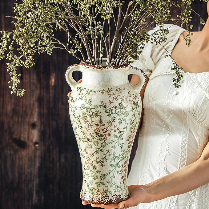 Enra Farmhouse Vintage vase with Handle,12.6 in Ceramic Chinoiserie Floral Vase,Green and Beige Decorative Flower vase,Large Rustic Vases for Home Decors, Living Room, Bookshelf, Office