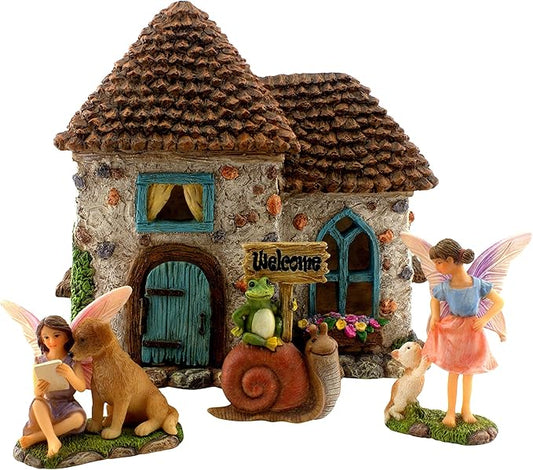 Fairy Garden House Kit - Fairy House, Fairy Garden Accessories Outdoor & Fairies for Fairy Garden – Fairy Houses for Gardens Outdoor - 4 Piece Kit for Adults