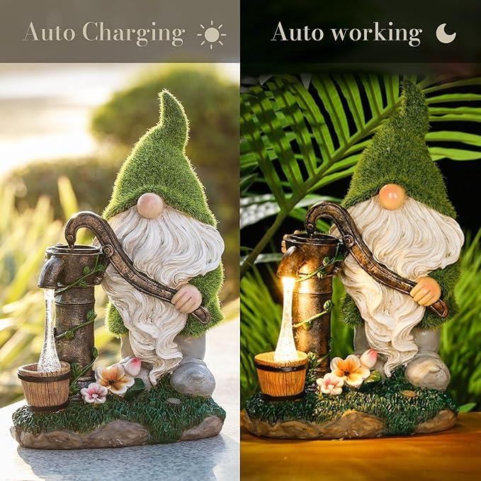 TERESA'S COLLECTIONS Resin Garden Gnomes Decor with Solar Lights, Green Outdoor Decorations for Porch Patio, Gifts for Women and Men，Outdoor Garden Decor Ornaments for Outside, 10"