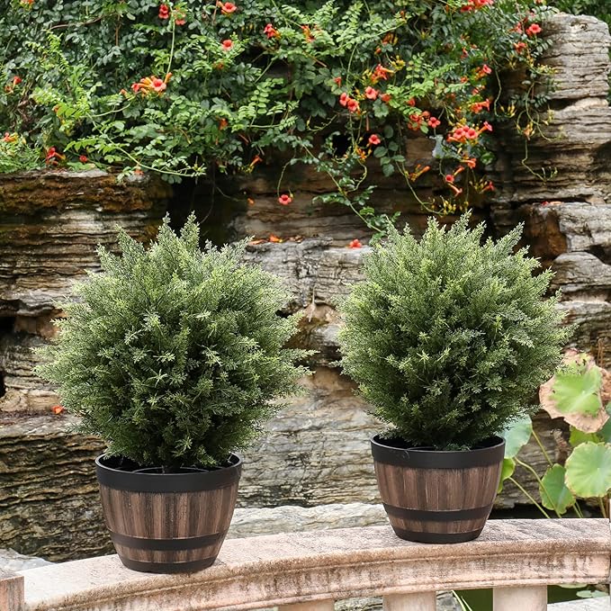 21” Artificial Cedar Outdoor Artificial Shrub Sunlight Resistant Leafy Potted Plant for Indoor Porch of Home and Office Artificial Outdoor Tree 2 Pieces a Set Topiary Trees