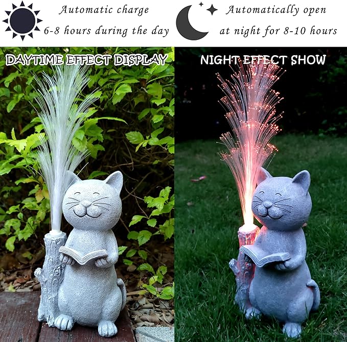Cat Solar Garden Statues,Resin Cat Figurine Reading a Book and 7-Color Changing Optical Fiber with Solar Lights, Lawn Decor Outdoor Statue for Patio,Balcony,Yard,Lawn Ornament