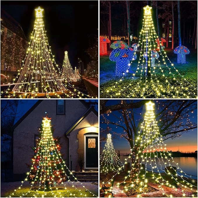 BlcTec Outdoor Christmas Decorations, 317 LED Christmas Lights with 9 Strands 11.9ft Waterfall Christmas Tree Lights, 8 Modes, Waterproof, Topper Star & Timer for Yard Patio Xmas Décor, Warm White