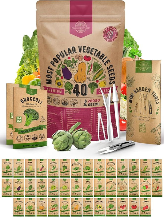 Organo Republic 40 Vegetable Seeds Variety Pack - 26000 Non GMO Heirloom Seeds for Planting Vegetables & Fruits in Bulk Individual Seed Packets, Home Garden Seeds for Hydroponic, Indoor & Outdoors