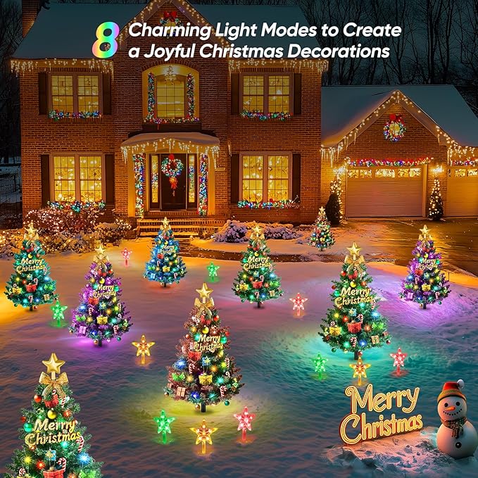 Christmas Tree Lights Outdoor Decorations: 2 Pack 72LED Artificial Small Christmas Tree, 8 Colorful Modes Solar Christmas Lights, Prelit Christmas Tree Lights with 34PCS Xmas Ornaments 6 Lighted Star