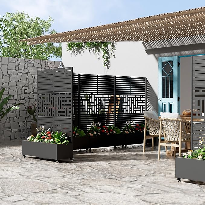 Casaphoria Metal Raised Garden Bed with Trellis and Wheels, 72"x47"x16" Planter Box for Climbing Plants, Vegetables & Vines, Features Drainage Holes and Privacy Screen, Black(Louvered&Helen)