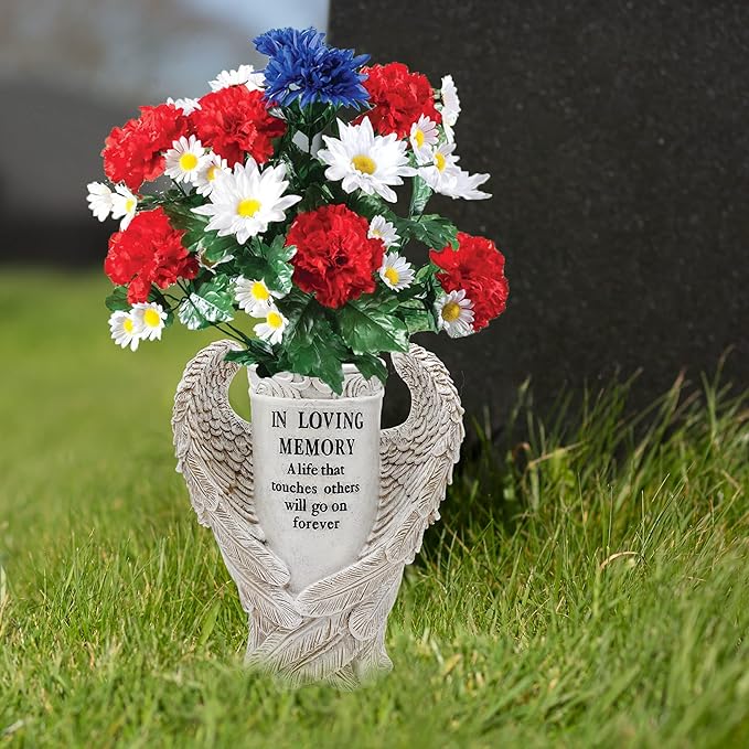 BAYN Grave Decorations for Cemetery, Angel Wings Vases with Spikes for Garden Decorations Waterproof Garden Statues Memorial Gifts for Loss of Loved One