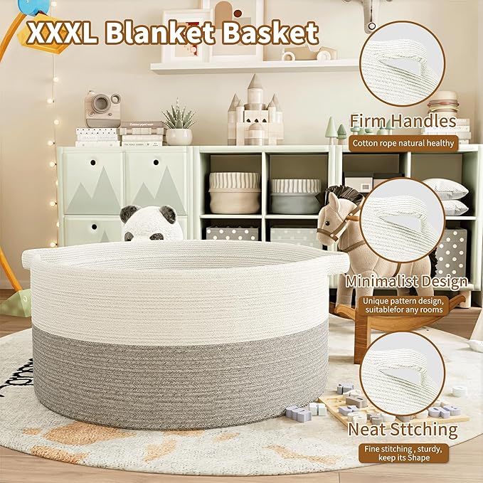125L Extra Large Blanket Basket, 25" x 16", Jumbo Laundry Woven Basket Decorative Home, Cotton Rope Basket with Handles, Baby Toy Basket for Storage, White & Gray, 2PC
