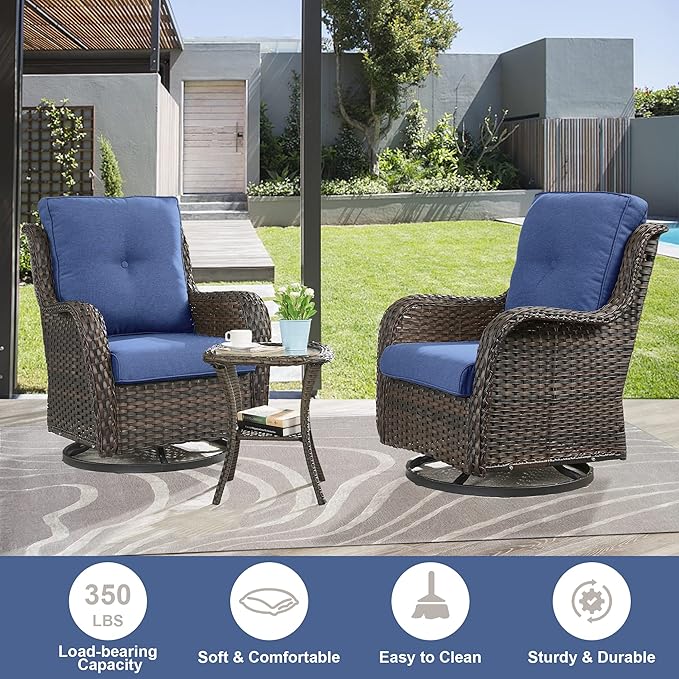 5 Pieces Patio Furniture Sets Wicker Outdoor Furniture, Rattan Patio Swivel Glider Chairs with 2 Ottoman and Glass Side Table