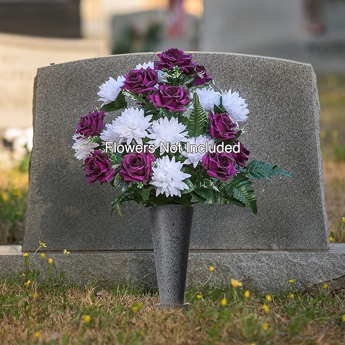 Cemetery Vase with Stakes-Plastic Flower Vases with 2 Ground Spikes, Draining Holes - for Garden, Lawn, Yard - Memorial Grave Decorations 12.7x3.4.x3.9, Black Granite Design