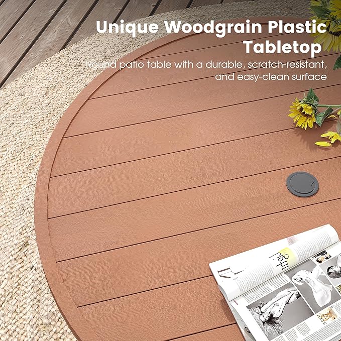 DIFY Round Outdoor Patio Dining Table for 4, 41.7" Patio Table with All-Weather Faux Wood Tabletop and Metal Steel Frame, Outside Table for Garden Porch Backyard, Walnut