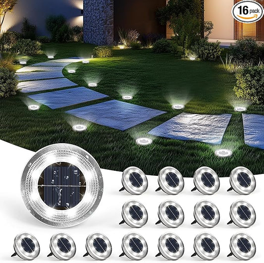 SOLPEX 16 Pack Solar Ground Lights Outdoor Waterproof, Solar Powered Pathway Lights, Landscape Lighting for Garden Walkway Driveway Backyard Decor (Cool White)