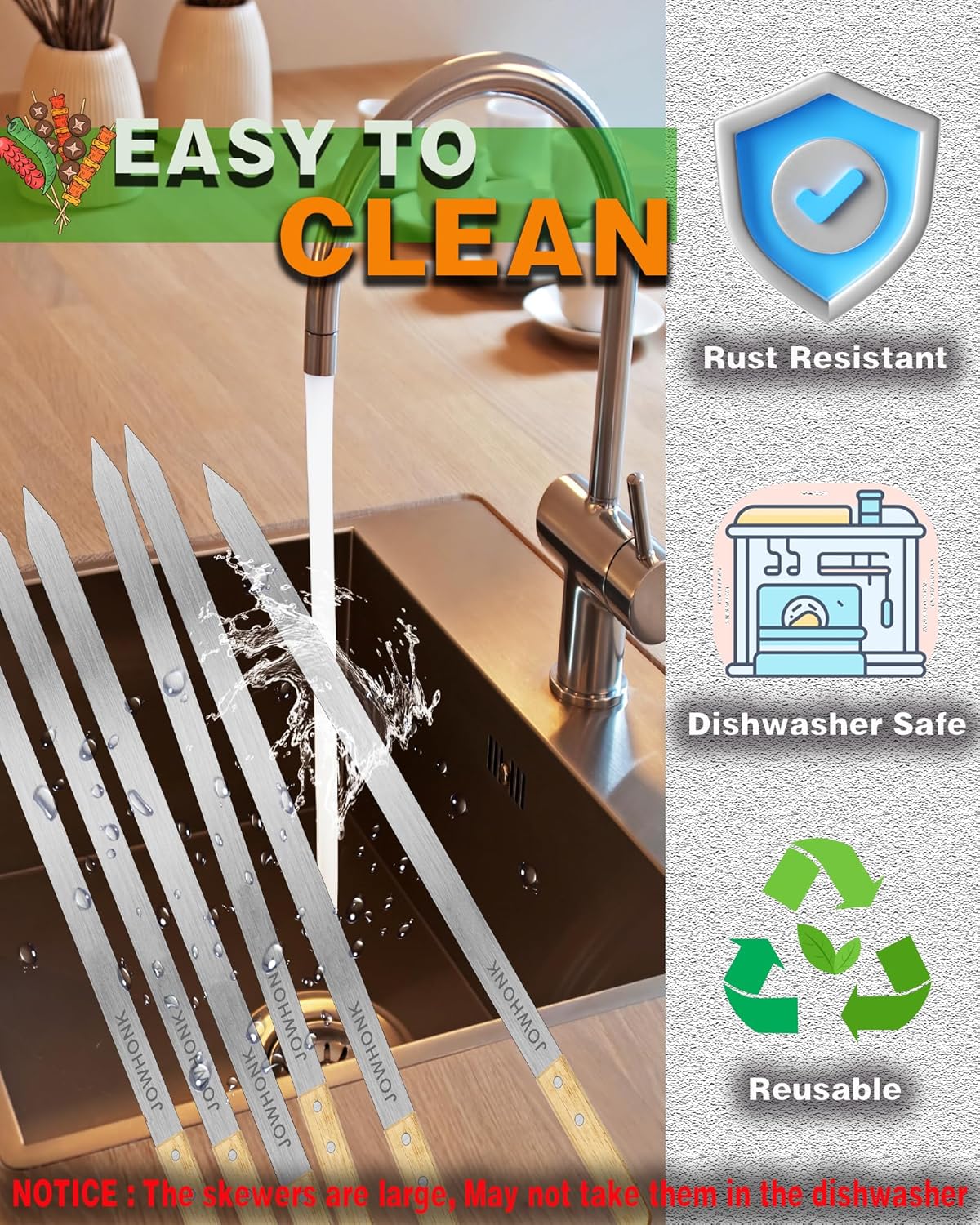 27 Inch Extra Long 1 Inch Wide Kabob Skewers for Grilling, Premium 304 Stainless Steel Barbecue Skewer with Wood Handle,Metal Flat Kebab Skewers include 8PCS BBQ Skewer,1PCS Grill Mop Brush