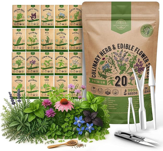 Organo Republic 20 Culinary Herbs & Edible Flower Seeds Variety Pack for Planting Indoor & Outdoor. 9500+ Non-GMO Heirloom Flower Garden Seeds: Basil, Borage, Echinacea, Lavender, Oregano & More