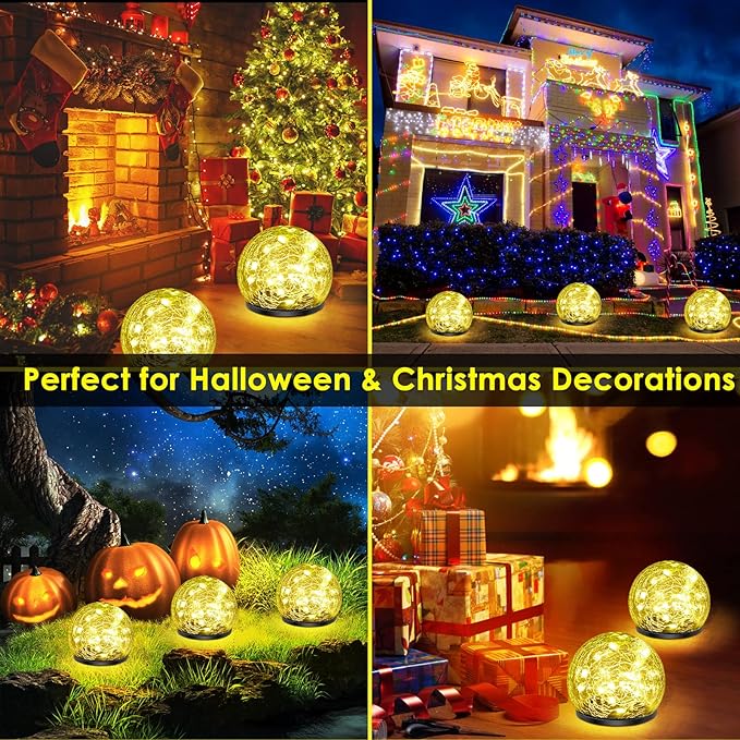 2 Pack 60 LED Solar Garden Lights Outdoor Decoration, Cracked Glass Solar Globe Lights, Upgraded Waterproof Warm White Ball Lights for Yard Pathway Patio Halloween Christmas Outside Decor