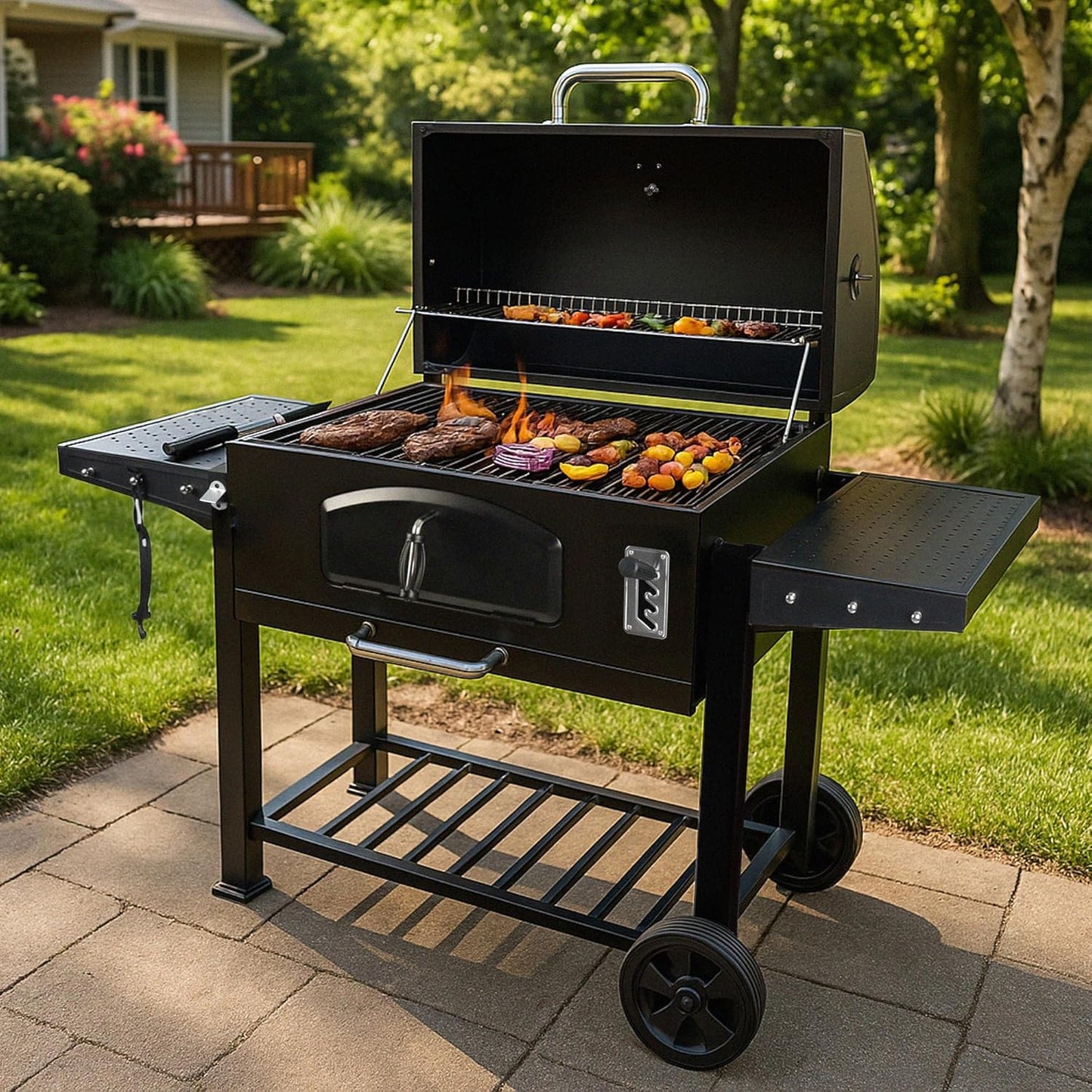 Grill Boss Charcoal Grill with Large 32-Inch Cooking Area - Includes Warming Rack, Side Shelves, Bottom Storage and Wheels for Outdoor BBQ, Tailgating, Camping & Backyard Grilling