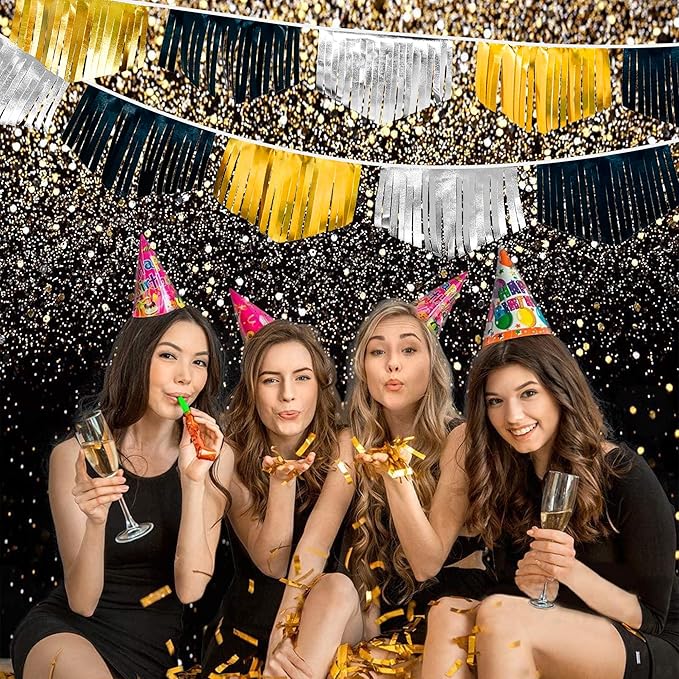 Black Silver Gold Tassel Banner Double Sided Metallic Fabric Pennant Bunting Flag Garland for Graduation Birthday Anniversary Bachelorette Engagement Wedding Bridal Shower Party Decorations Supplies