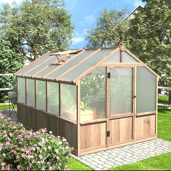 8x10 FT Greenhouse Kit with 6MM Thick Polycarbonate Panel for Outdoor, Wooden Walk-in Green House with Adjustable Roof Vent and Lockable Door, Backyard, Garden, Light Mocha Brown