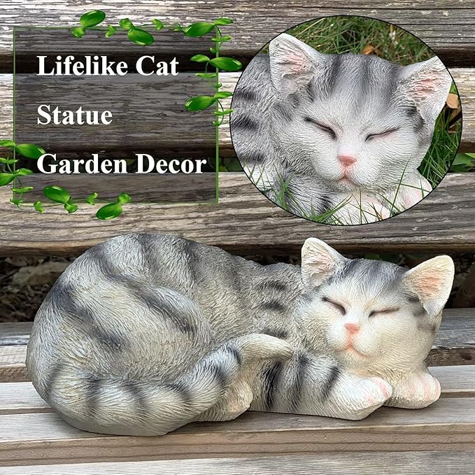 Cat Statue for Garden Outdoor Statue Decor, Garden Cat Statues Decor for Patio, Lawn, Yard Ornament, Sleeping Cat Statue Resin Decoration for Home, Table & Porch, Gift for Mom