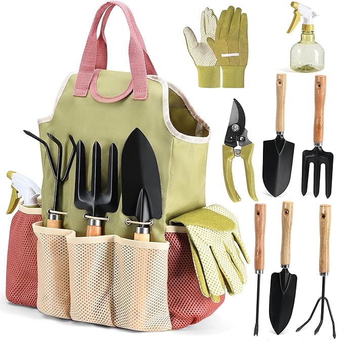 Gardening Tools Set of 10 - Complete Heavy Duty Garden Tools Set with Fashion Handbag - Durable Gardening Supplies Kit Ideal Garden Gifts for Women