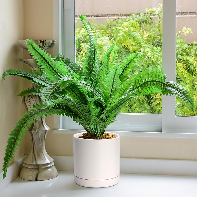 D'vine Dev 8 Inch Ceramic Planter Pot with Drainage Hole and Saucer, Indoor Cylinder Round Planter Pot, Oatmeal, 94-O-D-8