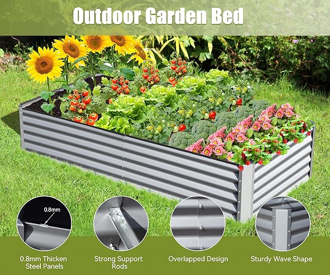 Domi Galvanized Raised Garden Bed, Outdoor Planter Garden Boxes Large Metal Planter Box for Gardening Vegetables Fruits Flowers, Silvery (8x4x1.5ft)