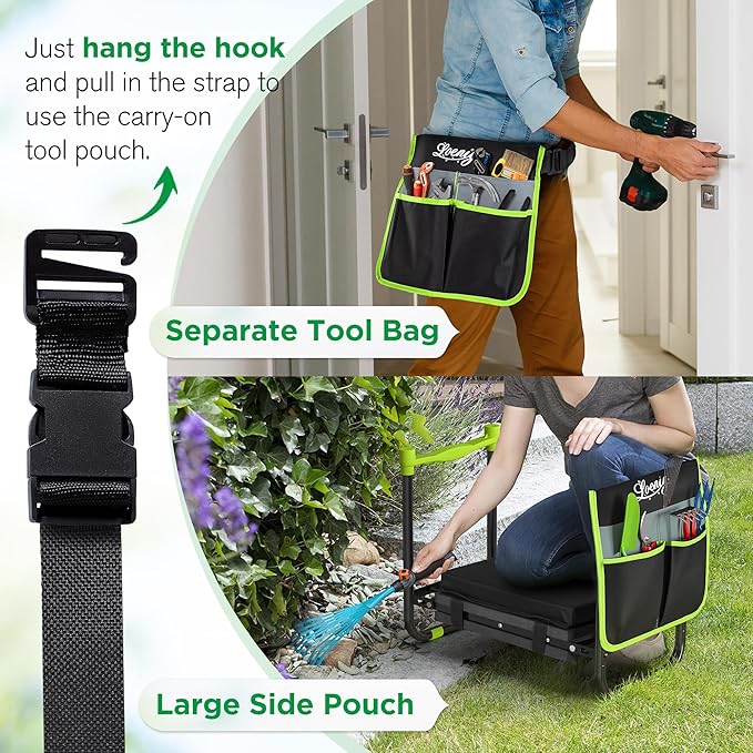 10.8” Wide Garden Kneeler and Seat, Heavy Duty Foldable Gardening Stool with Tool Belt Pouch, Included Thickened Kneeling Pad, Portable Gardening Bench Chair for Seniors & Parents
