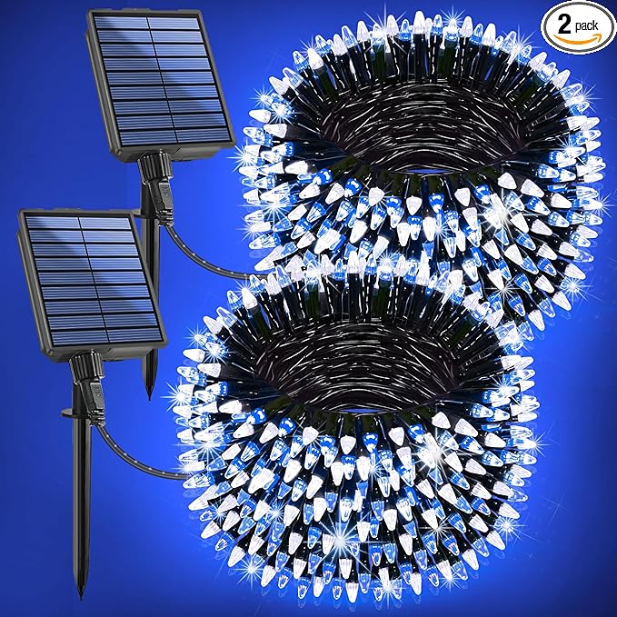 2-Pack 200FT Solar String Lights for Outside, 600 LED Extra-Bright Outdoor Light With 19 Modes & Timer, Waterproof Fairy Lights for Garden Patio Tree Christmas Decorations Blue & White