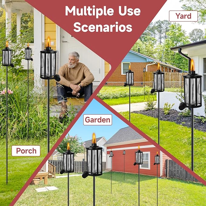 4 Pack Glass Citronella Torches, 16 oz Garden Torches for Outside with 3-Prong Grounded Stake, 55 inch Outdoor Clear Glass Flame Light Torch for Yard, Patio, Deck, Garden, Party, Landscape