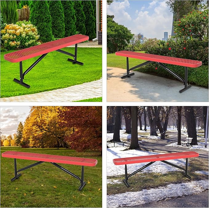 48" L Outdoor Steel Flat Bench, Heavy Duty Metal Park Bench for Outside, Expanded Metal, Commercial Benches Mesh Bench for Shopping Mall, Store, Lawn, Park, Patio, Deck, Garden (Red, 6FT)