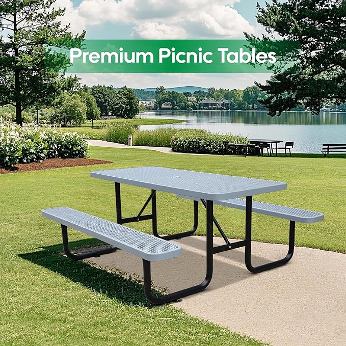 4FT Metal Picnic Tables for Outdoors, Commercial Rectangular Picnic Table and Bench Set for Outside, Patio, Garden, Backyard, Porch, Surface Mount, Grey