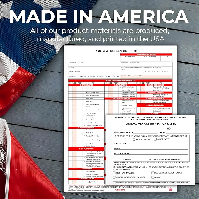 50 Pack 3-Ply Carbonless Annual Vehicle Inspection Report Forms with FMCSA 2-Ply Mylar Laminate Adhesive Vinyl Labels, DOT Inspection Forms and Stickers, Shrink-Wrapped, 8.5" x 11.75" - Made in USA