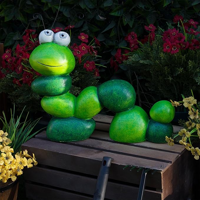 Alpine Corporation YEN608SLR Caterpillar Statue with Light Up Eyes, Solar Powered LED Caterpillar Garden Statue, 16" H, Green