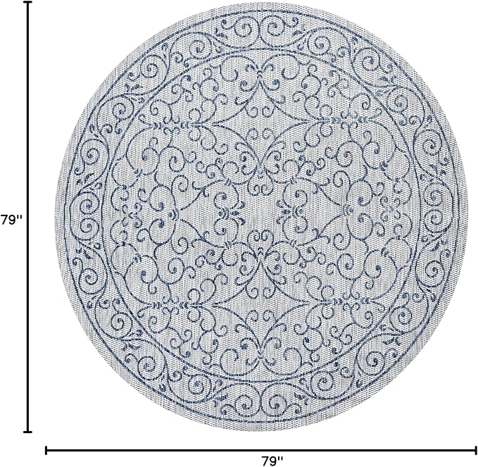 JONATHAN Y SMB106C-6R Charleston Vintage Filigree Textured Weave Gray/Navy 6' Round Indoor/Outdoor Area Rug, Pet Friendly, Non-Shedding, Stain Resistant, Easy-Cleaning for Backyard, Patio, Porch