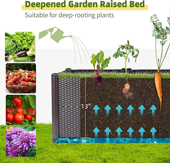 Emalie Deep Raised Garden Beds Large Plastic Planter Box with Drainage Plugs for Veggies Flowers Herbs Deep Root Plants Growing, 47.2" Lx15.7 Wx16.9 H Brown