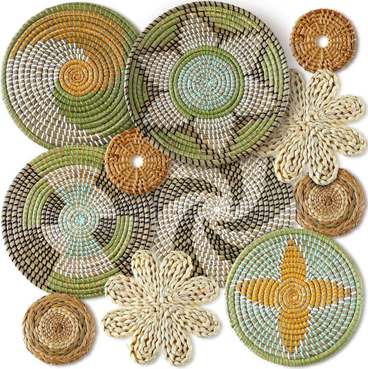 Tatuo 11 Pcs Boho Wall Basket Decor Decorative Bulrush Woven Basket Wall Decor Art Round Farmhouse Hanging Baskets for Kitchen Rustic Home Summer Decorations, Multi Sizes(Stylish)
