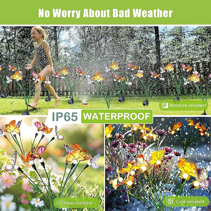 Flumy 2 Pack Solar Firefly Lights + 2 Pack Solar Butterfly Lights for Yard, Patio, Pathway, Lawn, Walkway, Camping, Pool, Solar Ground Lights Walkway Lights Deck Lights