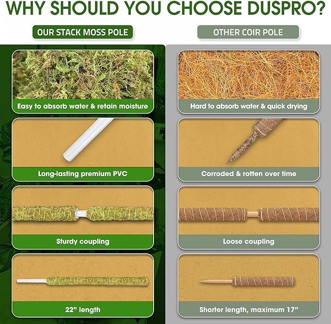 DUSPRO Natural Stackable Moss Pole for Plants Monstera, Forest Moss Sticks, Monstera Plant Support, Handmade Plant Stakes for Indoor Plants for Potted Plant to Grow Upward 02 pcs 22''