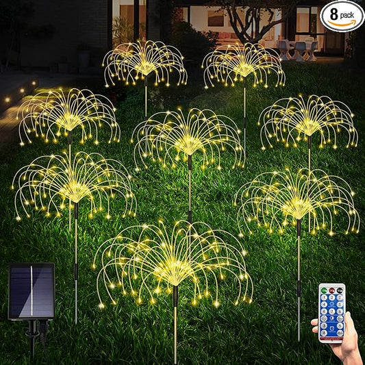 Maleyt Solar Garden Lights 8 Pack, Solar Powered Outdoor Decorative Lamps, 120 LED Solar Firework Lights with Remote Control, 8 Modes Waterproof DIY Landscape Lighting for Backyard Garden Decoration