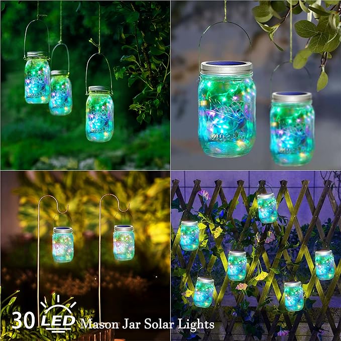 30 LED 10 Packs Solar Mason Jar Lights [Updated] Fairy Firefly Jar Lids String Lights with Hangers Waterproof Patio Yard Garden Wedding Party Decoration - Colorful (NO Jars)