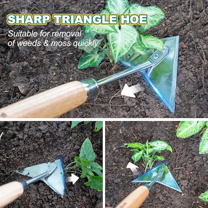 Berry&Bird Triangle Hoe, 60'' Winged Weeder Garden Hoes with Long Wood Handle, Gardener Stainless Steel Warren Hoe, Garden Weeder Hoe Tool for Quickly Weeding, Edging and Gardening Tools