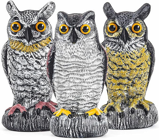 3 Pack Fake Owl Decoy to Keep Birds Away - Plastic Horned Owl Statues Bird Scarecrow Deterrents for Pigeon Hawk Squirrels Woodpecker, Halloween Decoration, Bird Scare Devices for Garden Outdoor Yard