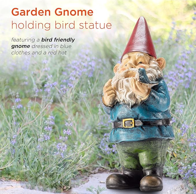 Alpine Corporation 12" Tall Outdoor Garden Gnome with Bird Yard Statue Decoration, Multicolor