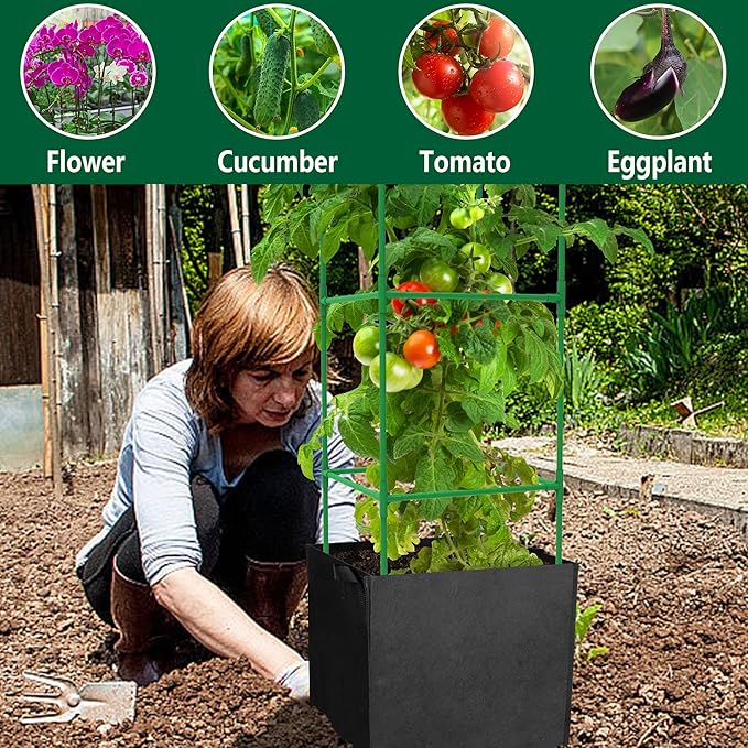 3 Packs 47 x 16 x 16 Inch Garden Tomato Cages with 17.7 Gallon Grow Bags- Square Plant Support Trellis Assembled with Planter Bags- Garden Cucumber Vegetables Frames for Vertical Climbing Plants