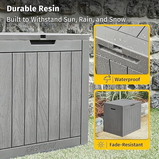 EAST OAK Outdoor Storage Box, 31 Gallon Deck Box Indoor and Outdoor Use, Waterproof Resin Storage Bin for Package Delivery, Patio Cushions, Gardening Tools, Lockable, UV Resistant, Grey