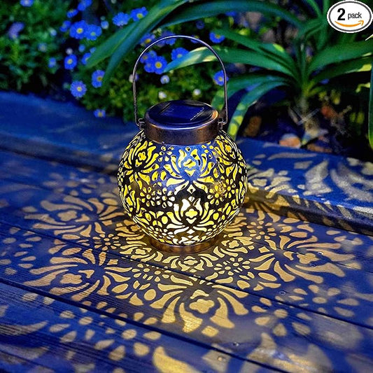 2 Pack Outdoor Solar Hanging Lantern Light LED Decorative Christmas Light for Garden Patio Courtyard Lawn and Tabletop with Hollowed-Out Design. Unique Gardening Gifts for Women.