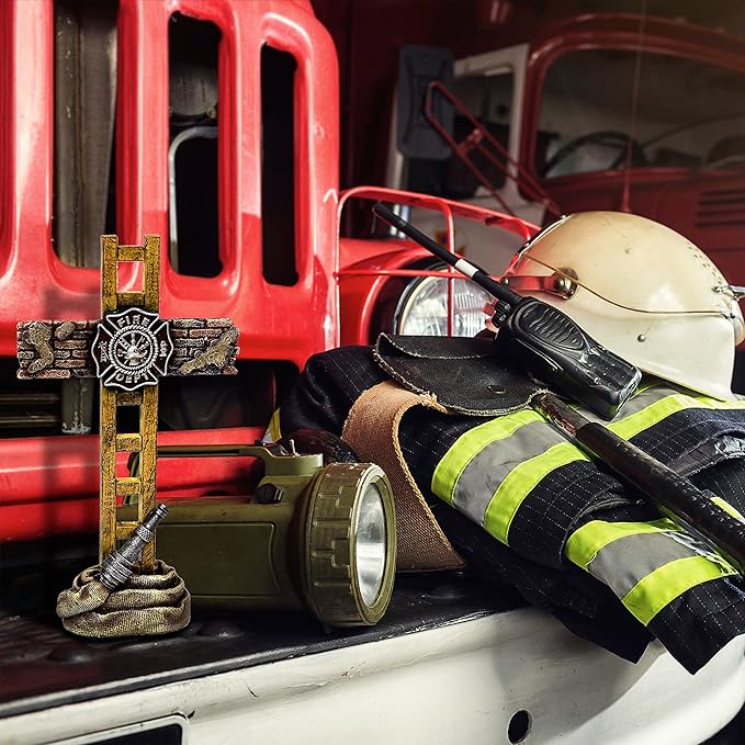 Firefighter Accessories, Fireman Standing Cross Statue Memorial 10", Fire Fighter Gifts