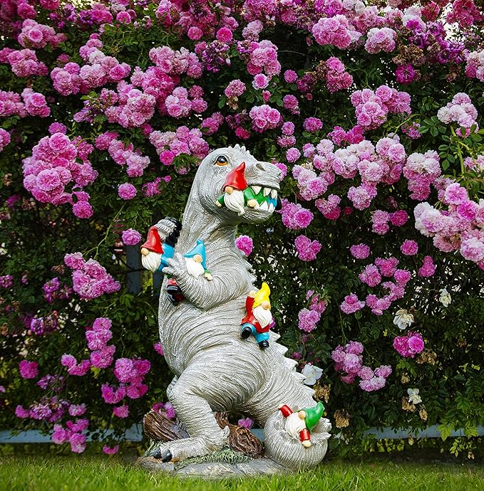 Garden Statue Outdoor Decoration, Weatherproof 14” Dinosaur Garden Gnome, Indoor Outdoor Décor Garden Art for Patio Lawn Yard, Gardening Gift for Homeowners
