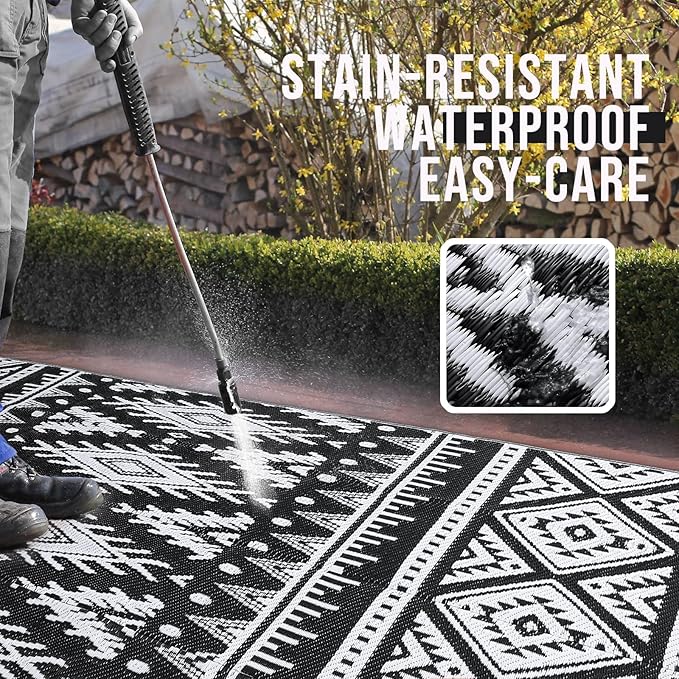 OLANLY Outdoor Rug Waterproof 6x9 ft, Reversible Outdoor Plastic Straw Rug, Boho Patio Rug, Indoor Outdoor Carpet, RV Mat Outside for Patio, Camp, Picnic, Balcony, Deck, Backyard, Black & White