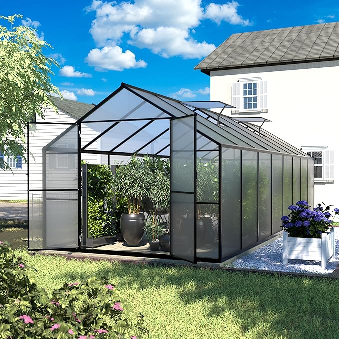 8x16 FT Polycarbonate Aluminum Greenhouse Kit, Outdoor Walk-in Green House with Adjustable Roof Vents and Lockable Door, Backyard Garden in Winter, Gray