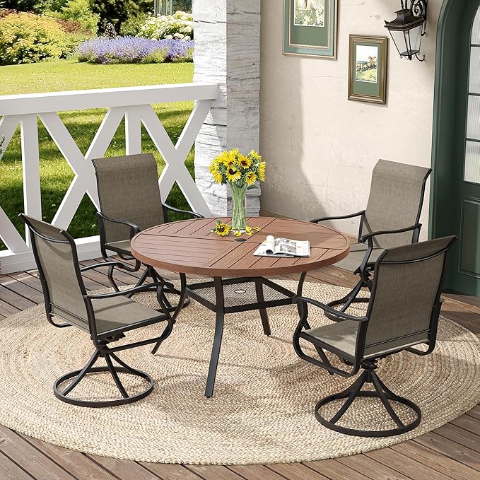 DIFY 40.6" Round Outdoor Patio Dining Table for 4, All-Weather Metal Steel Slatted Patio Table with 1.57" Adjustable Umbrella Hole, for Lawn Garden Porch Backyard, Walnut